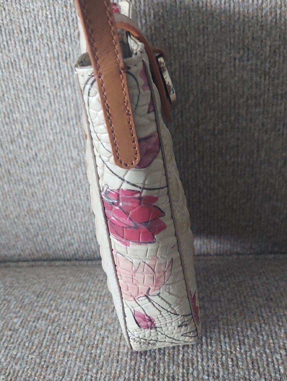 Brahmin Cream Croc-Embossed Crossbody with Pink Floral Trim and Tan Strap - Picture 4 of 8